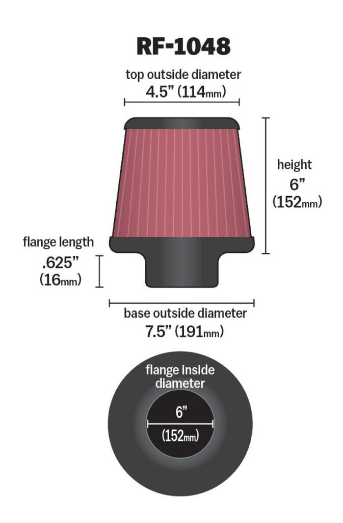 K&N Round Tapered Universal Air Filter 6in Flange ID x 7.5in Base OD x 4.5in Top OD x 6in H K&N Engineering