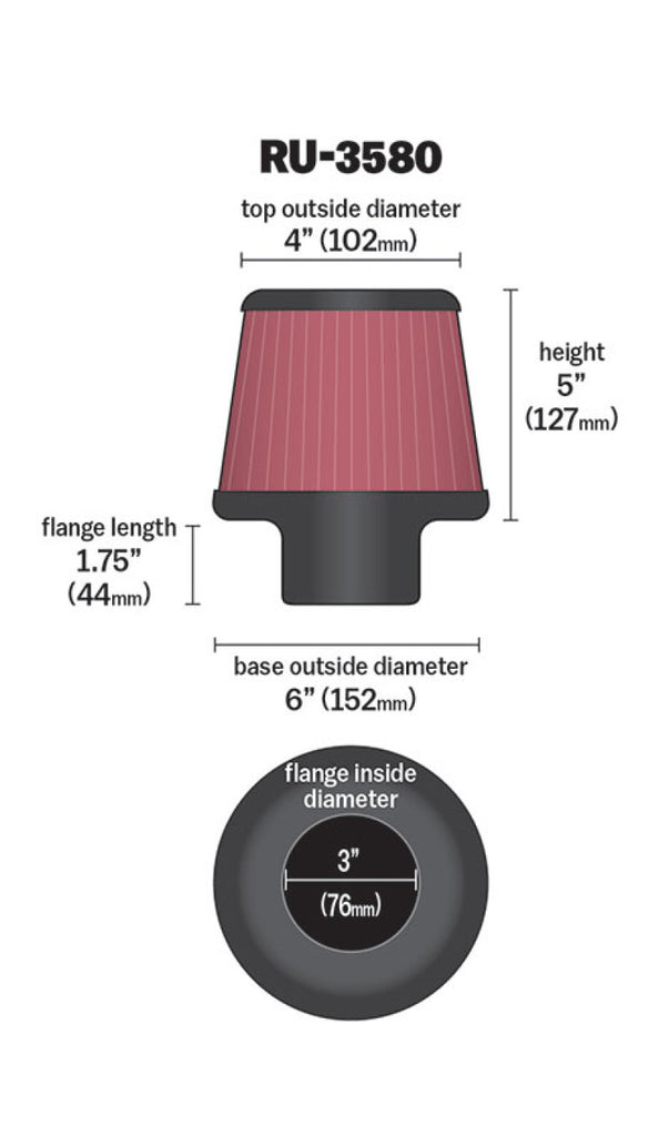K&N Filter Universal Rubber Filter 3 Inch Flange 6 inch Base 4 inch Top 5 inch Height K&N Engineering