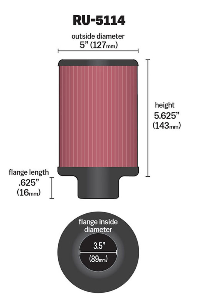 K&N Filter Universal Rubber Filter 3.5in Flange ID x 5in OD x 5.625in H K&N Engineering