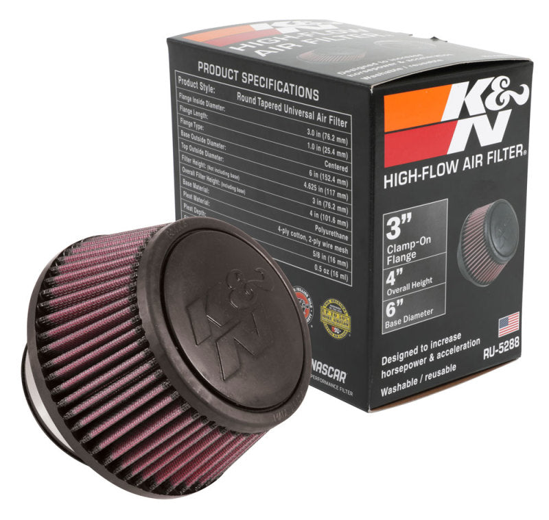 K&N Universal Round Clamp-On Air Filter 3in Flange ID x 6in Base OD x 4.625in Top OD x 3in Height K&N Engineering