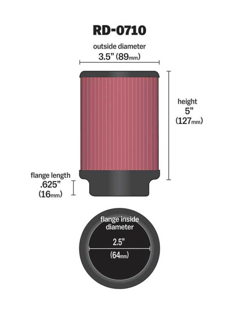 K&N Universal Rubber Filter 2.5in Flange ID x 3.5in OD x 5in Height K&N Engineering