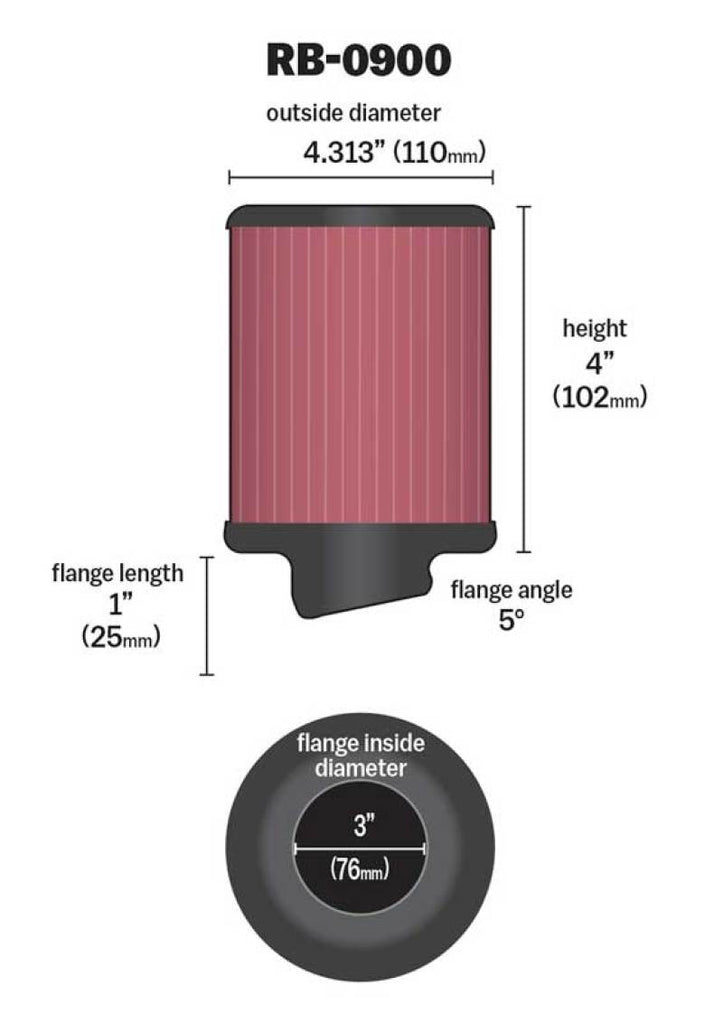 K&N Universal Rubber Filter 3 inch 5 Degree FLG 4 1/2 inch OD 4 inch Height K&N Engineering